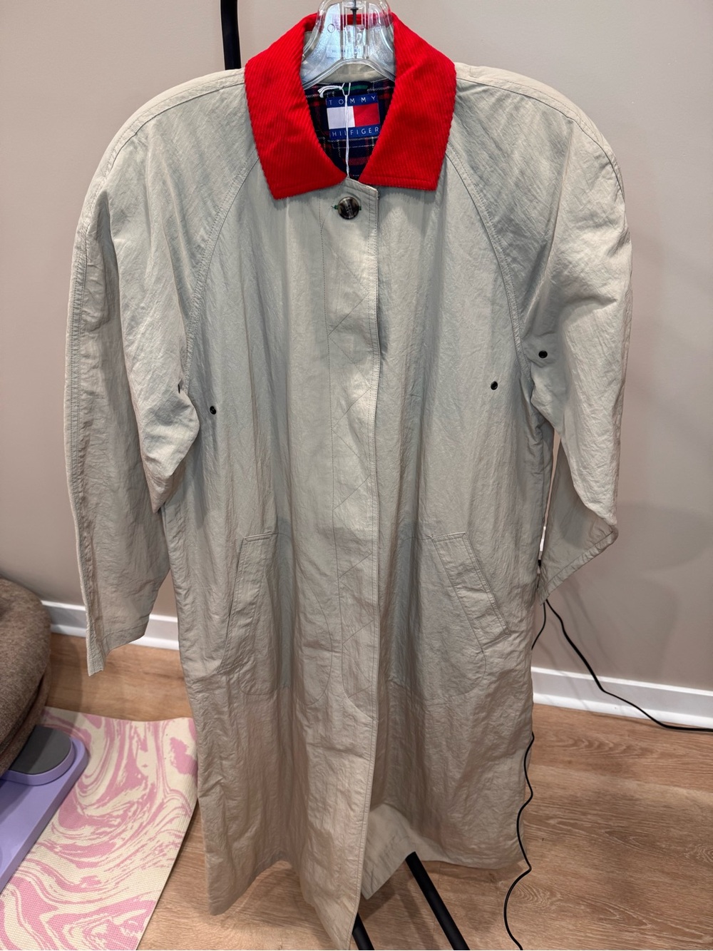 Tommy Hilfiger Beige Trench Coat with Red Corduroy Collar